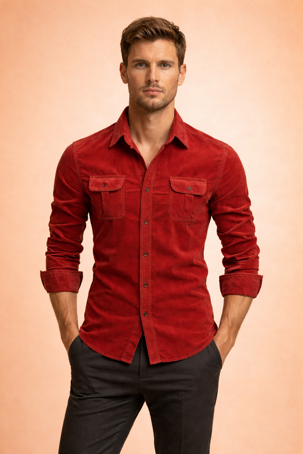 Men's stylish long-sleeve button-down shirt with chest pockets, perfect for smart casual or everyday wear.