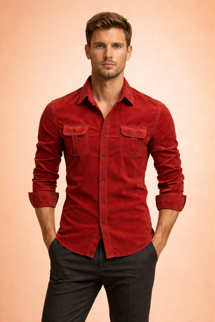 Men's stylish long-sleeve button-down shirt with chest pockets, perfect for smart casual or everyday wear.