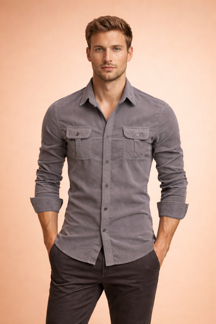 Versatile men's button-down shirt, long sleeve, with chest pockets, great for modern men's fashion & timeless style.