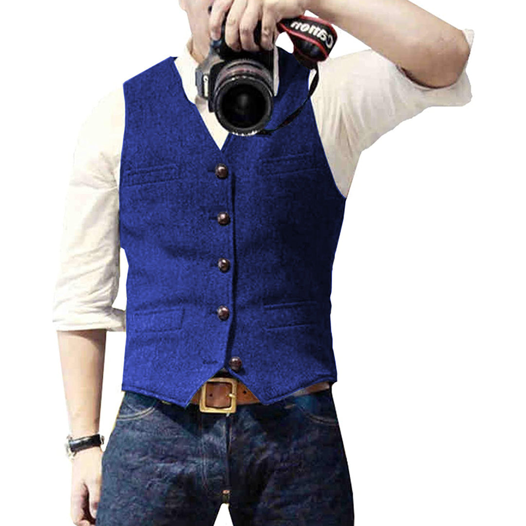 Man wearing a trendy Mason denim vest, perfect outerwear for a rugged yet stylish casual apparel look.