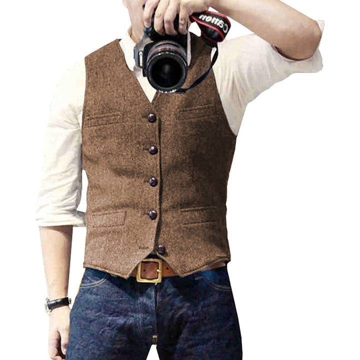 Close-up of Mason men's blue denim vest, showcasing button details and quality fabric for versatile style.