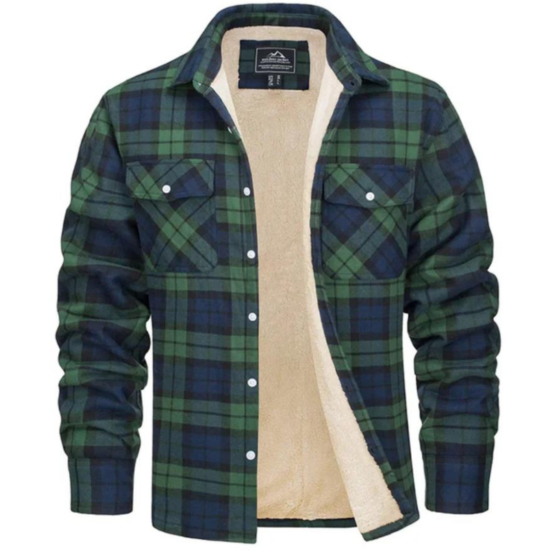 Warm men's plaid winter coat, perfect for layering in cold weather, stylish casual outerwear.