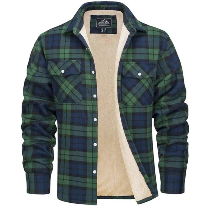 Warm men's plaid winter coat, perfect for layering in cold weather, stylish casual outerwear.