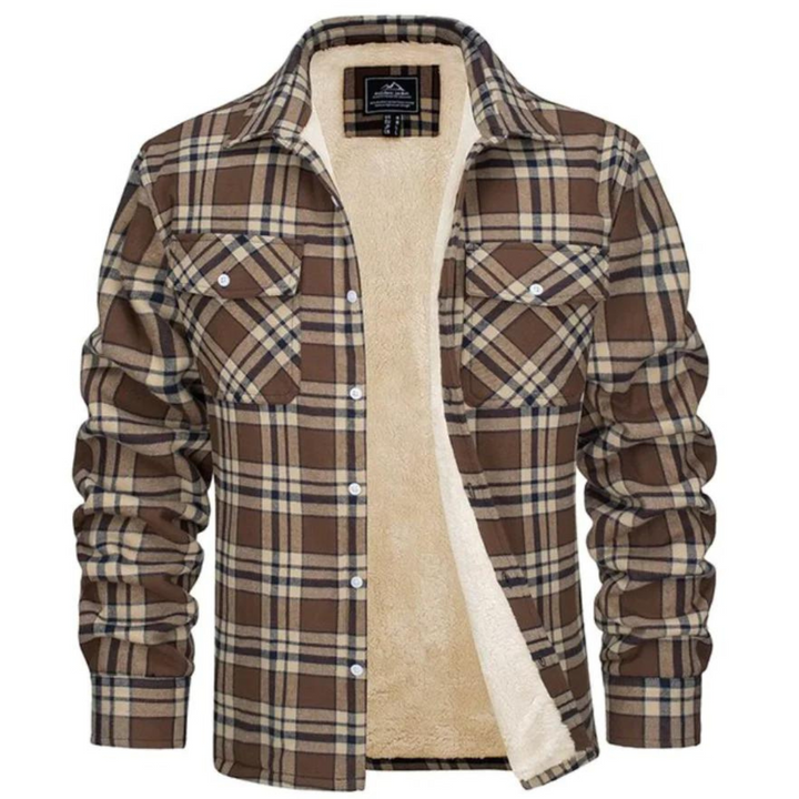 Comfortable & warm men's plaid winter jacket, durable outerwear for cold weather and casual wear.