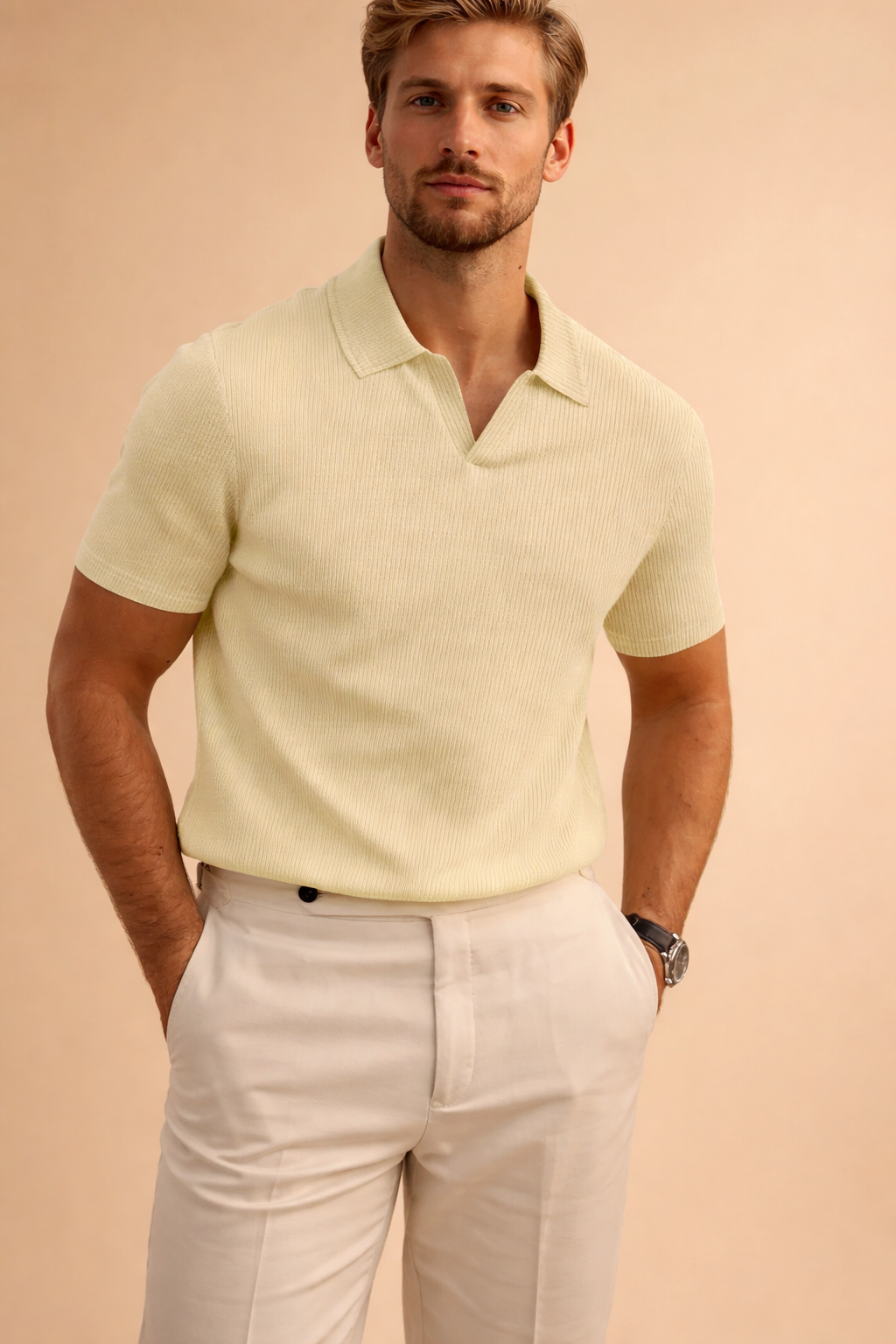 Men's stylish short sleeve polo shirt, modern fit for casual wear, minimalist design, comfortable and versatile.