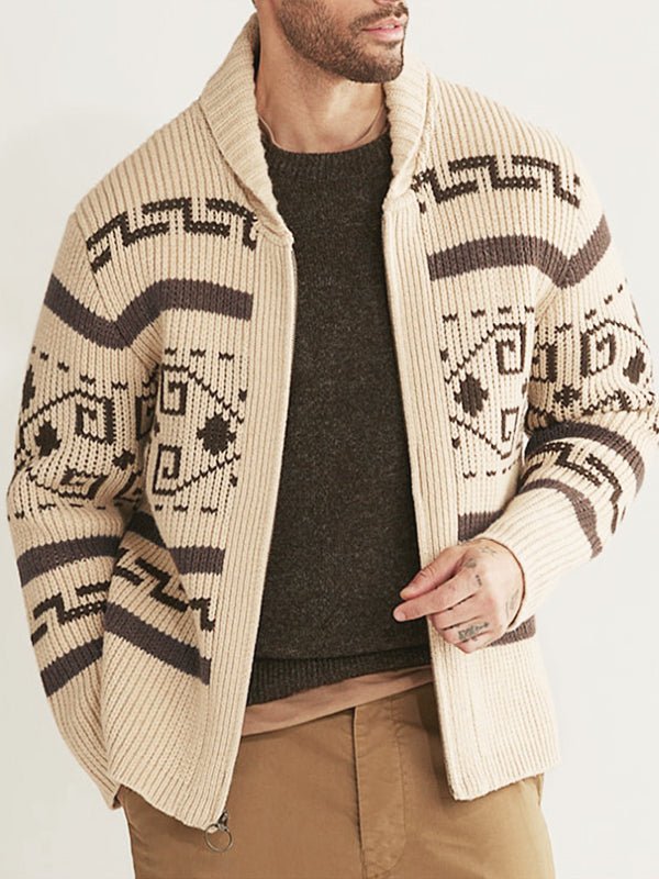 Men's stylish zip-up cardigan with a unique geometric pattern, perfect for casual layering.