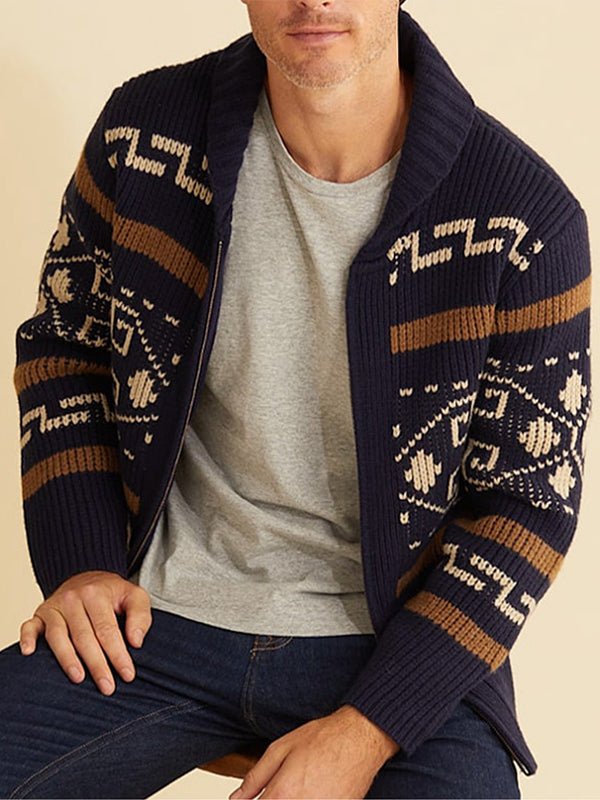 Textured knit men's geometric pattern zip cardigan with a durable zip, great for autumn and winter layering.
