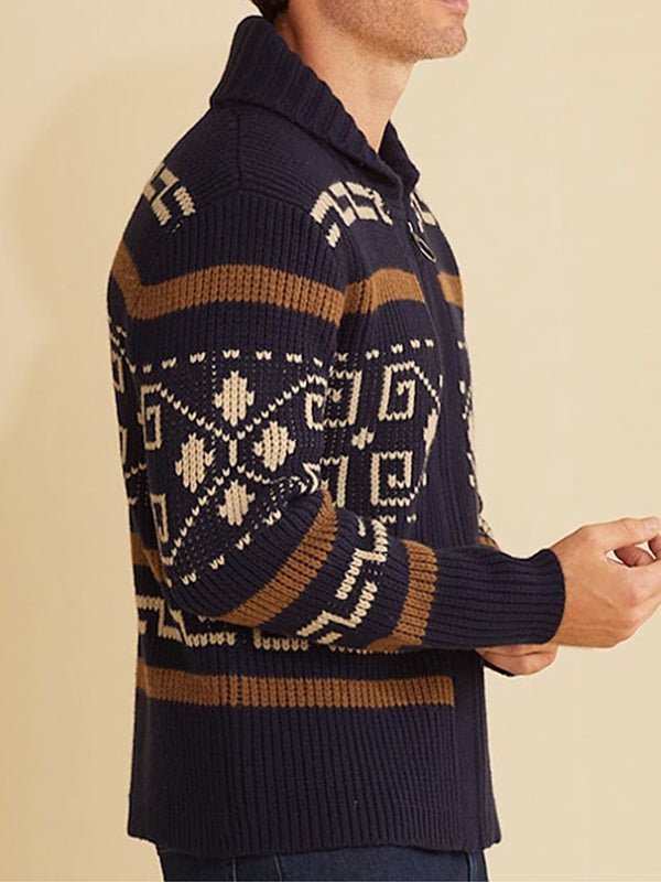 Versatile men's long-sleeve geometric zip cardigan, perfect for smart casual or relaxed weekend outfits.