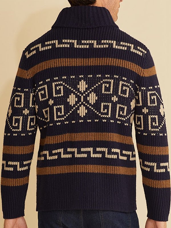 Dark-toned men's geometric pattern zip cardigan, offering a sophisticated and trendy casual layer for men.