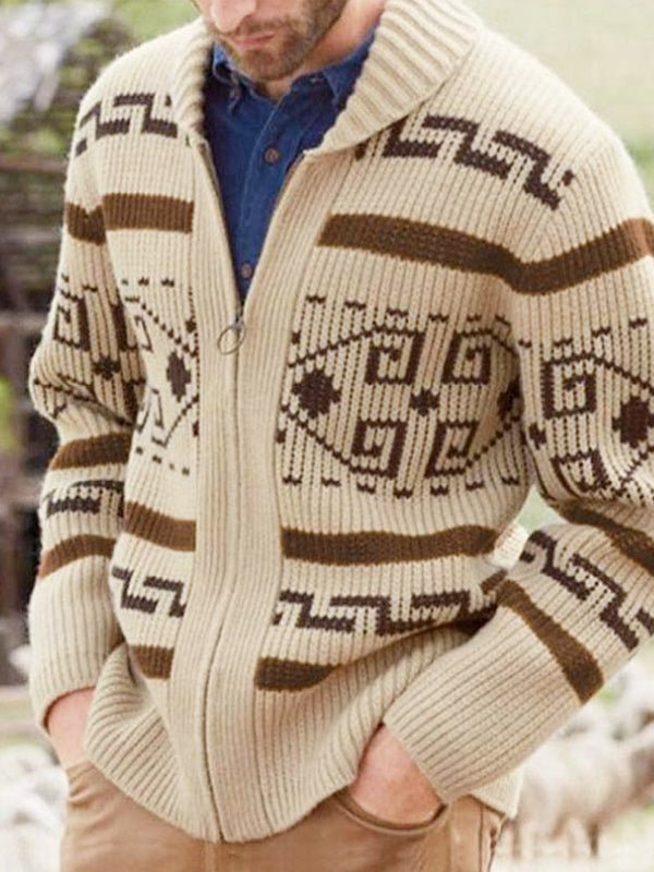 Close-up of men's geometric pattern zip cardigan, showcasing intricate design details and soft fabric texture.