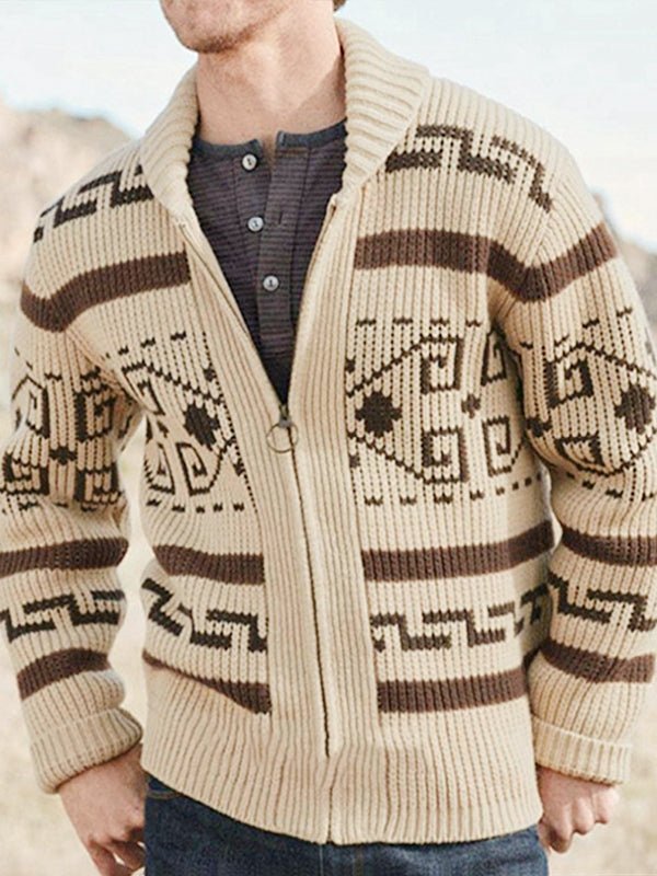 Men's long-sleeve geometric zip cardigan in a versatile color, ideal for everyday stylish casual wear.