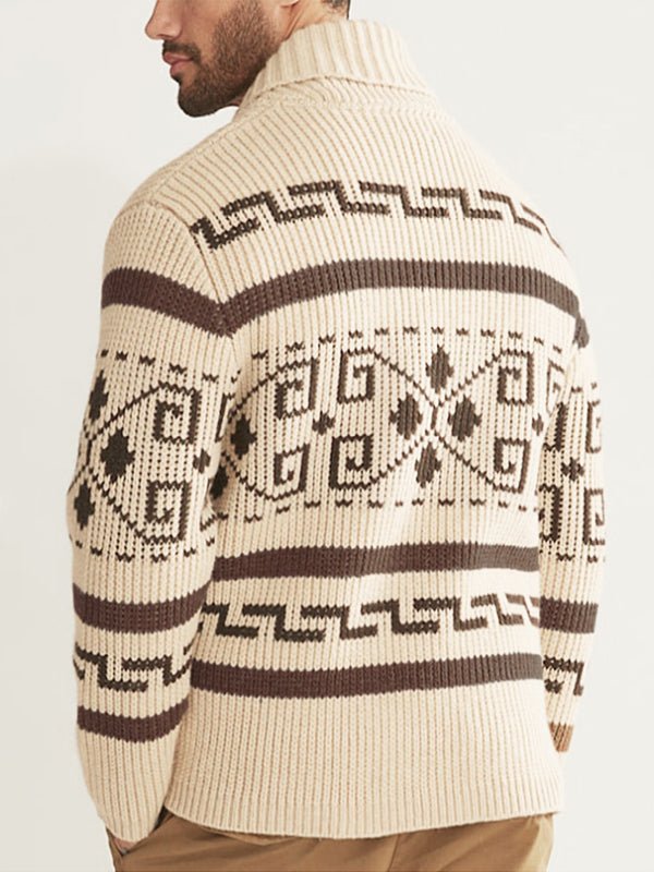 Fashionable men's zip-front cardigan with a modern geometric print, adding a stylish layer to any outfit.