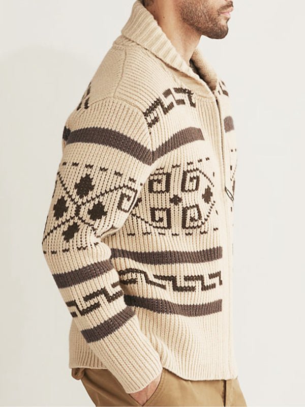 Comfortable men's geometric pattern zip cardigan, featuring a full zip and ribbed cuffs for warmth.