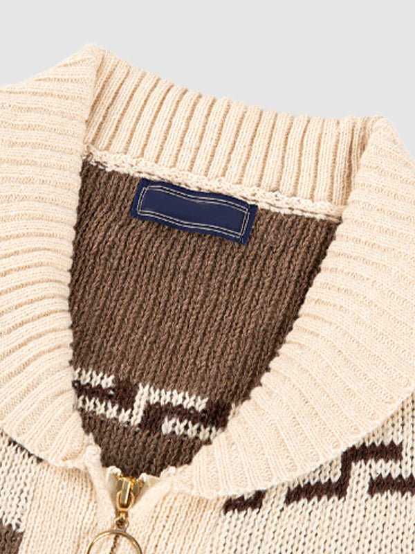 Full front view of a men's geometric pattern zip cardigan, highlighting the central zip closure and collar.
