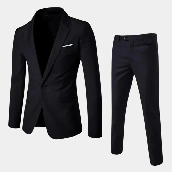 Men's tailored 2-piece suit for formal events & business. Features a slim fit blazer & matching trousers.