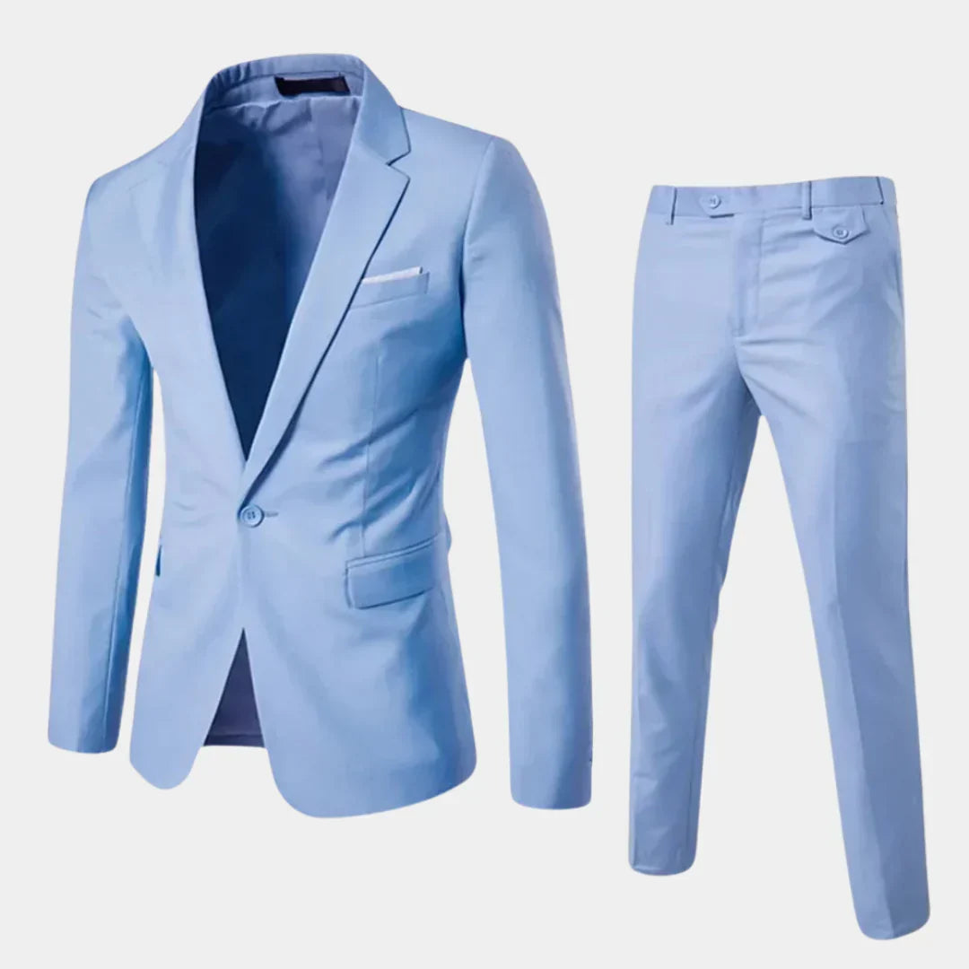 Elegant men's two-piece suit with a sharp tailored blazer & classic slim fit trousers, ideal for any formal occasion.