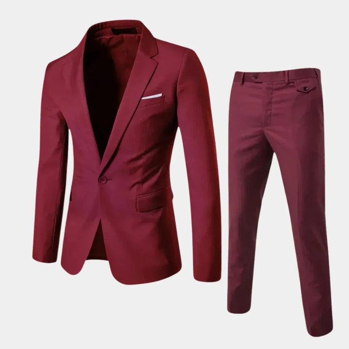 Man wearing a sharp men's tailored slim fit suit, ready for a business meeting or formal wedding, exuding professional style.