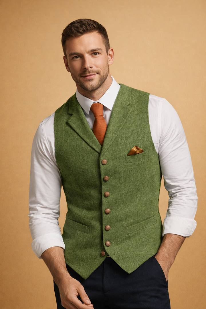 Sophisticated knitwear men's tailored waistcoat. Button front vest, vintage-inspired for formal attire.