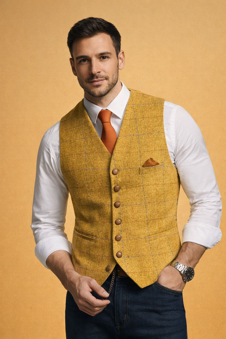 Men's button front formal waistcoat vest, tailored fit. Elegant business attire, classic style.