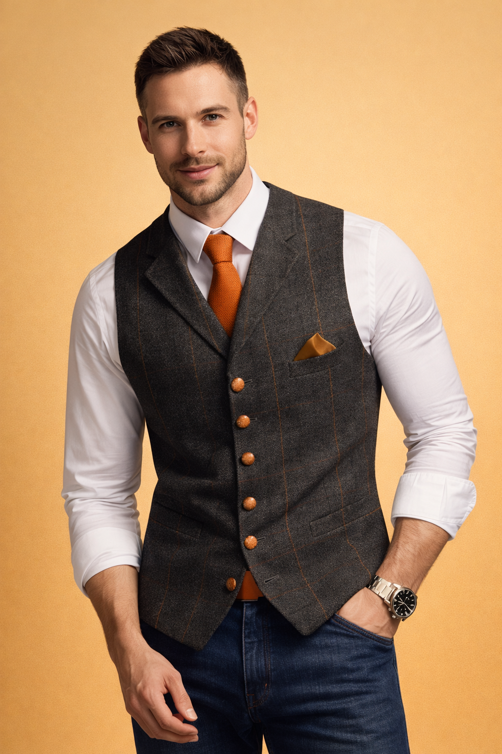 Classic men's tailored fit formal waistcoat vest. Button front, ideal for sophisticated event wear.