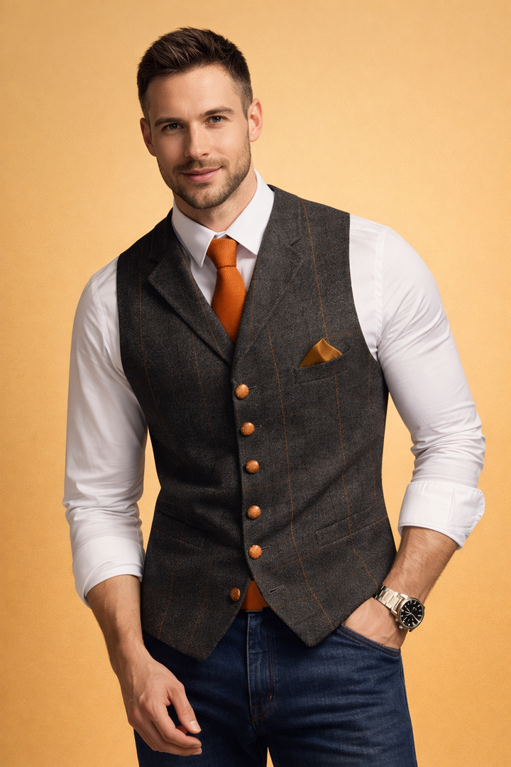 Classic men's tailored fit formal waistcoat vest. Button front, ideal for sophisticated event wear.