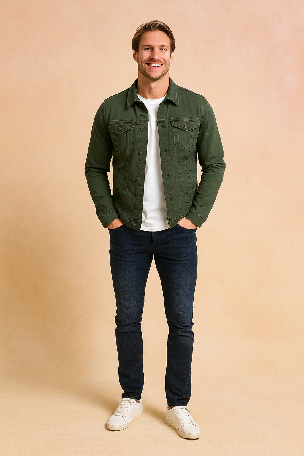 Close-up of a men's casual jacket showing button closure details and quality fabric. Timeless urban style outerwear.