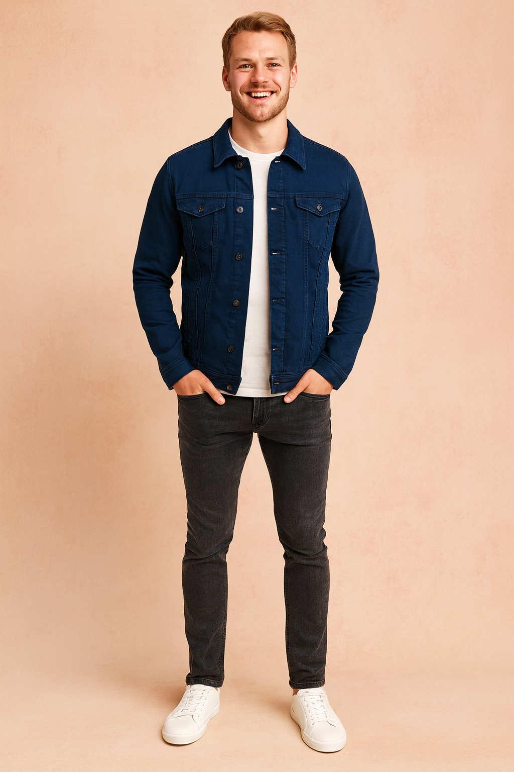 Full view of a men's stylish casual jacket, featuring a sleek modern design & button front, essential for men's fashion.