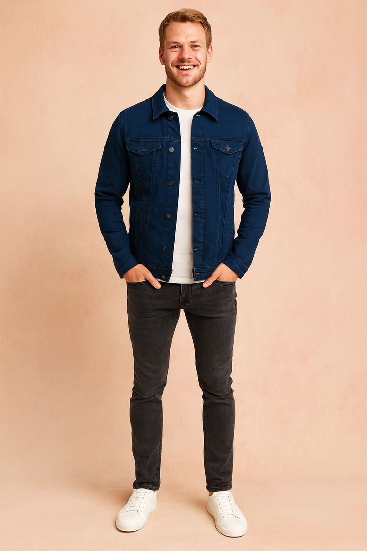 Full view of a men's stylish casual jacket, featuring a sleek modern design & button front, essential for men's fashion.