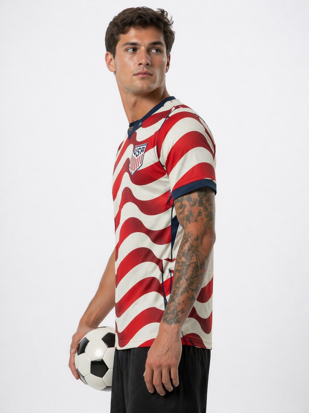 Blue men's USA soccer jersey with white trim. Official Team USA World Cup 2026 fan gear & casual patriotic apparel.