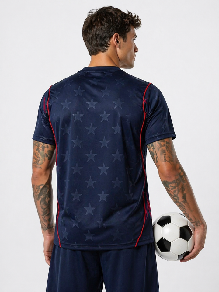 Patriotic men's USA soccer jersey, ready for World Cup 2026. High-performance Team USA athletic sports shirt.