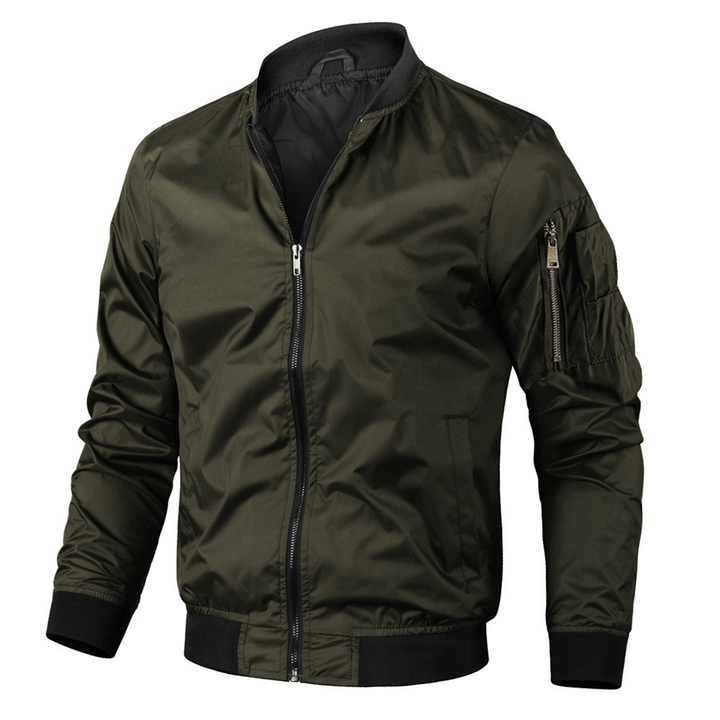 Stylish men's bomber jacket featuring a utility sleeve pocket. Ideal light jacket for spring & fall fashion.