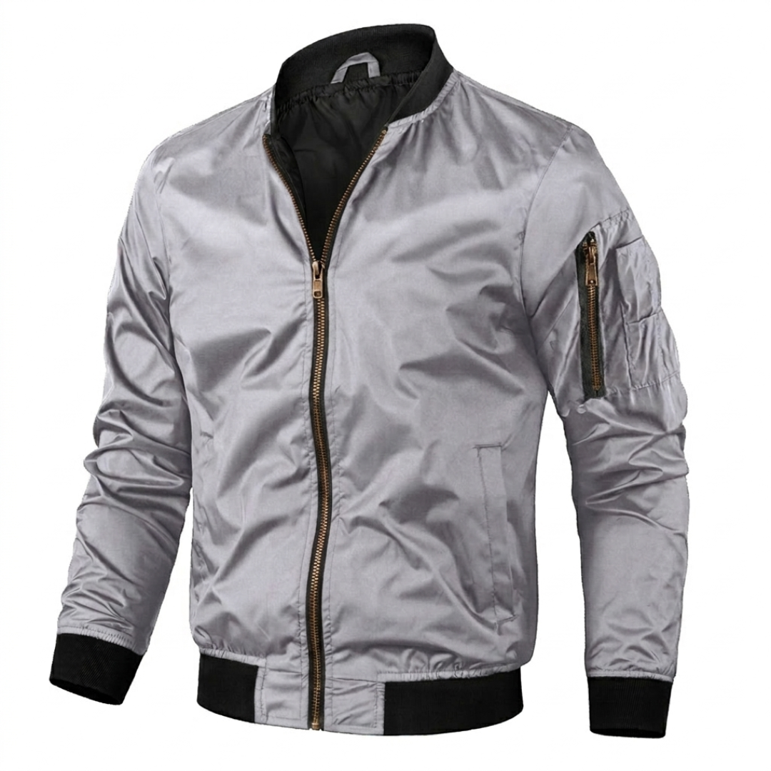 Modern men's bomber jacket, a casual light jacket for versatile spring and fall outerwear. Everyday style.