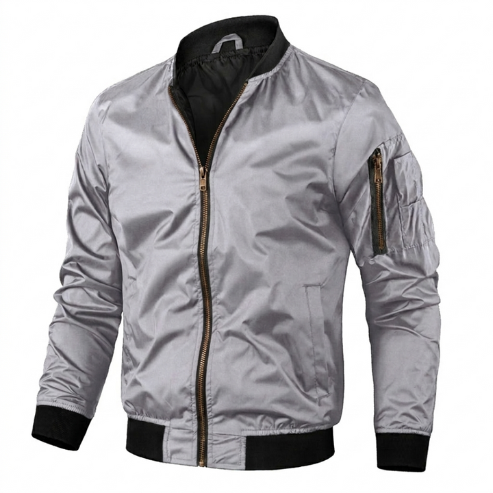 Modern men's bomber jacket, a casual light jacket for versatile spring and fall outerwear. Everyday style.