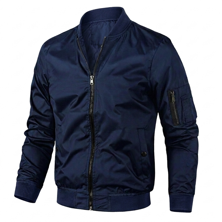 Casual men's bomber jacket with a practical utility zip pocket. Perfect versatile outerwear for modern men.