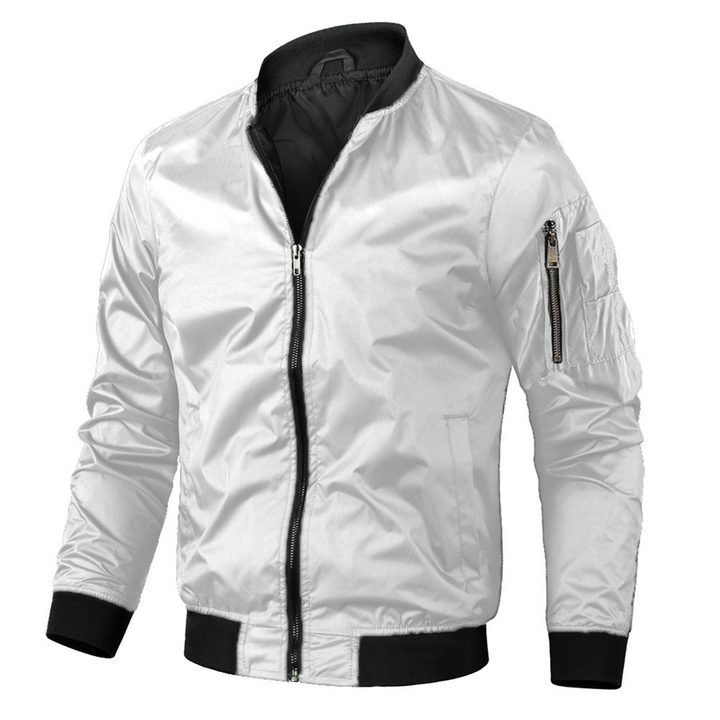 Lightweight men's bomber jacket, a fall/spring casual outerwear. Features a utility sleeve pocket for style.