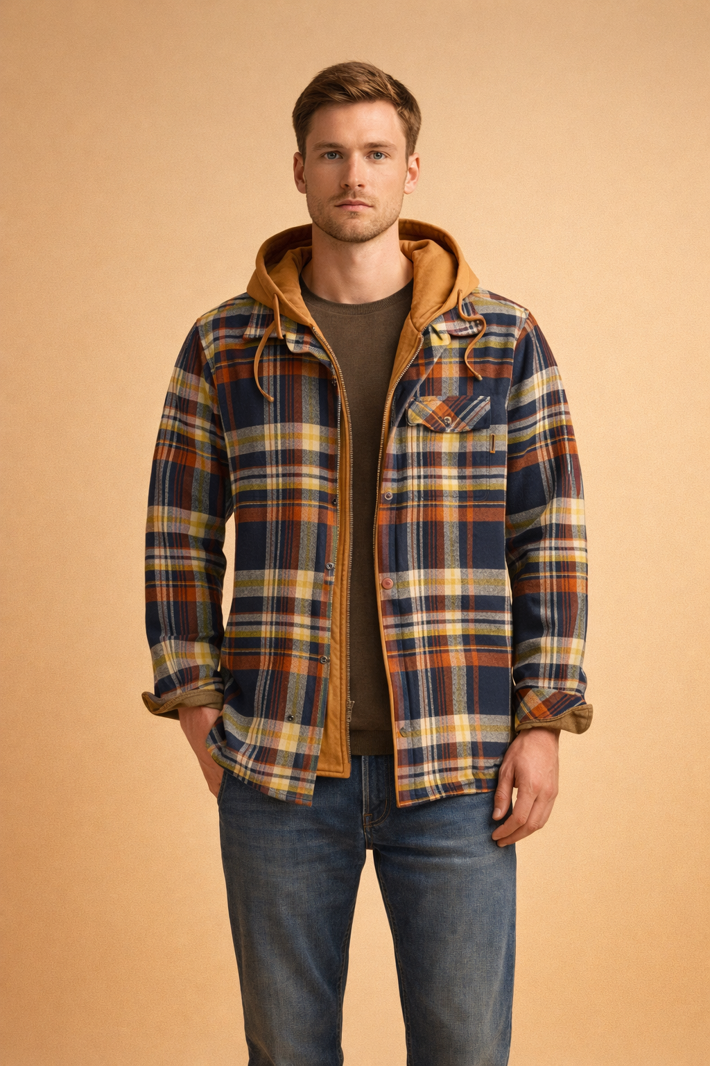 Comfortable men's hooded jacket with a front closure, great for smart casual everyday style.