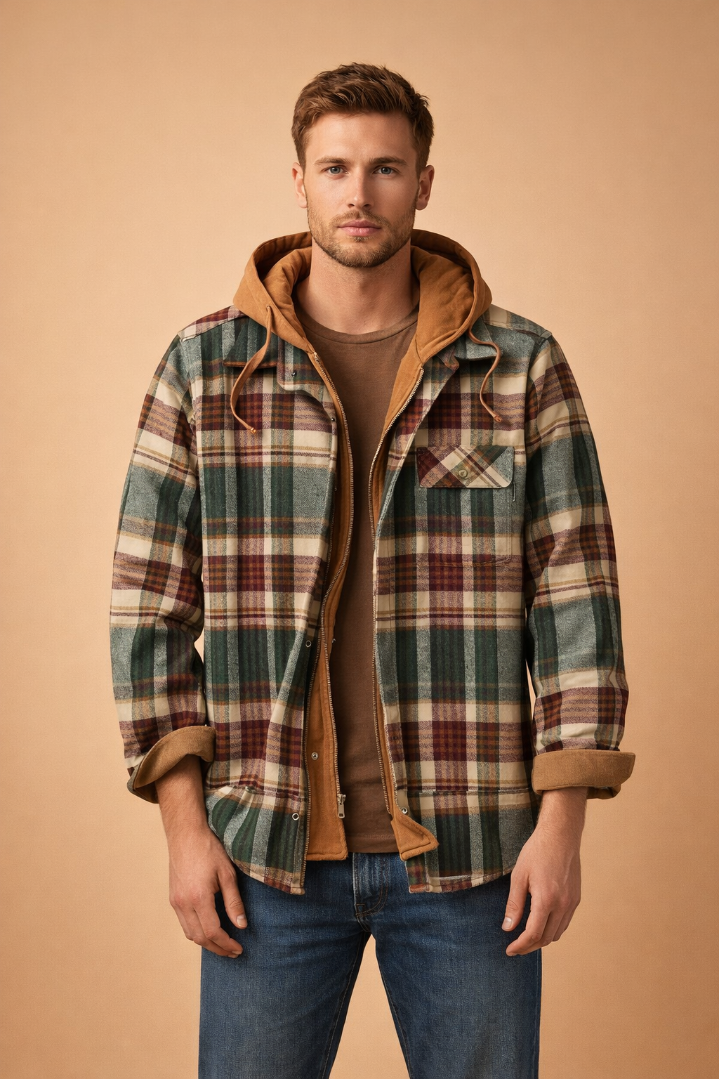 Modern fit men's seasonal hooded jacket offering comfort and versatile everyday fashion.