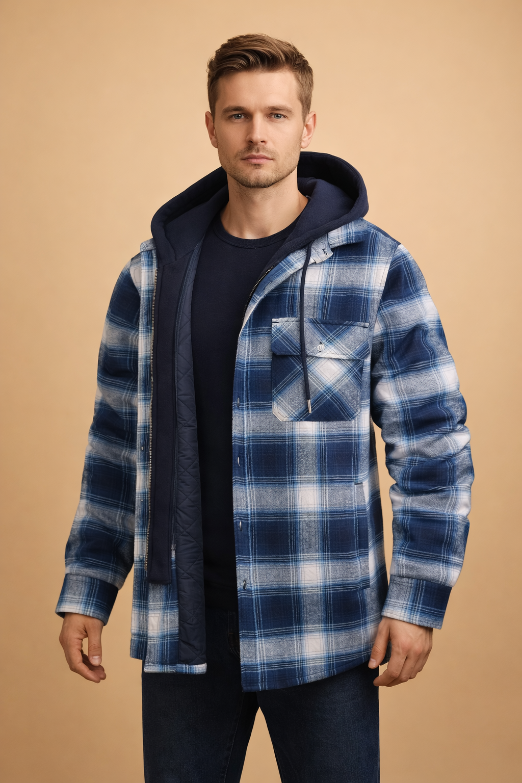 Versatile men's hooded jacket, perfect for seasonal wear, comfort, and modern everyday style.