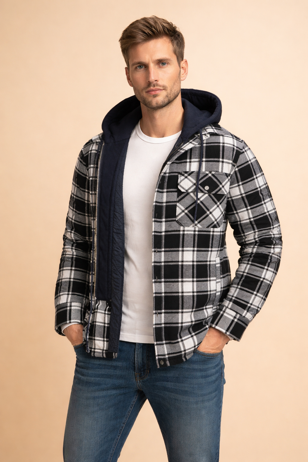 Casual men's hooded jacket with a modern fit, designed for everyday comfort and versatile fashion.