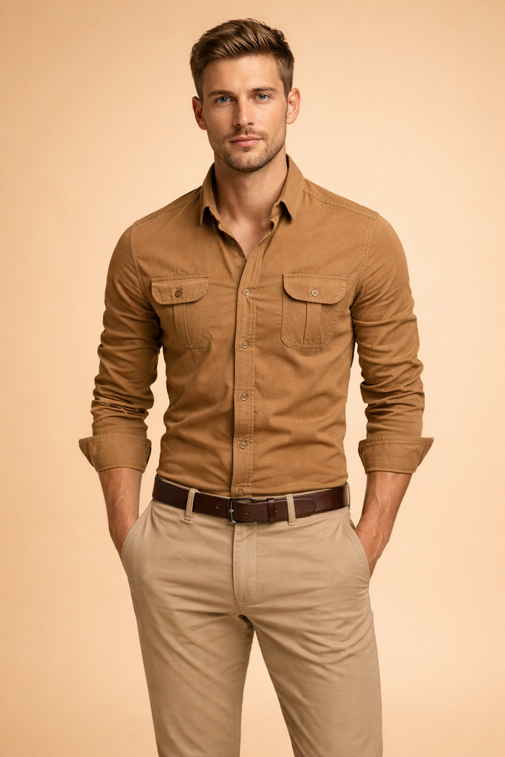 Modern fit men's button-up shirt in a classic solid color, ideal for office wear or a stylish casual look.