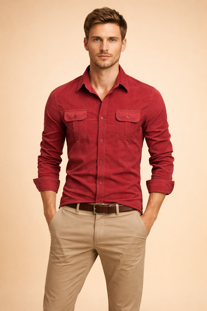 Close-up of a men's casual button-up shirt showing collar detail and fabric texture, suitable for workwear.