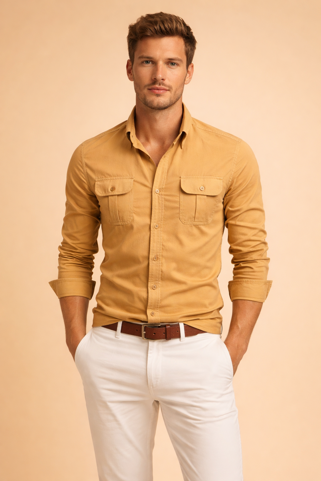 Model wearing a men's long-sleeve button-up shirt, styled casually for a confident everyday menswear look.