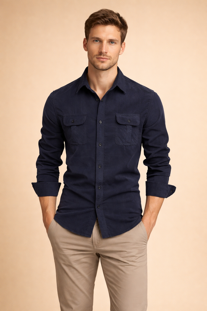 Folded men's smart casual button-up shirt, a versatile long-sleeve option for modern everyday style.