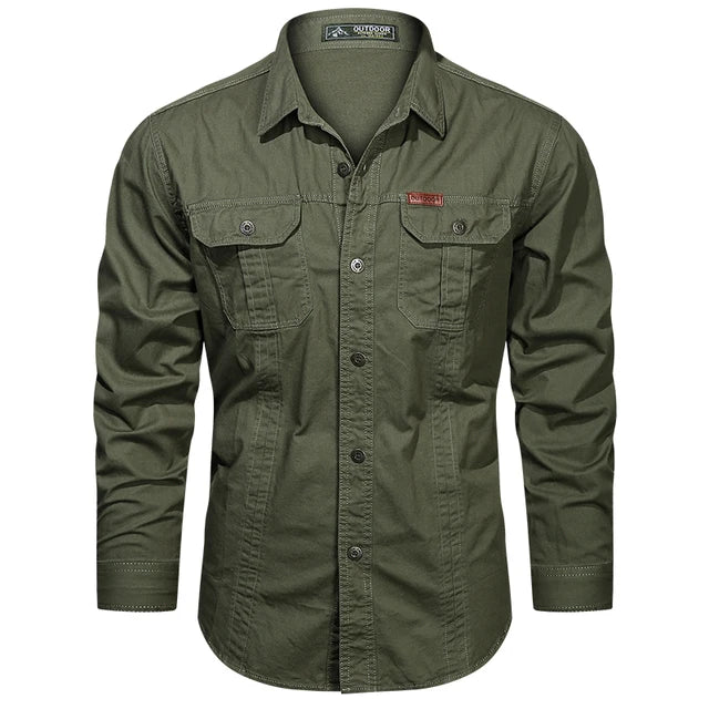 Rugged men's long sleeve utility cargo shirt, perfect for outdoor style & everyday fashion. Features multi pockets.