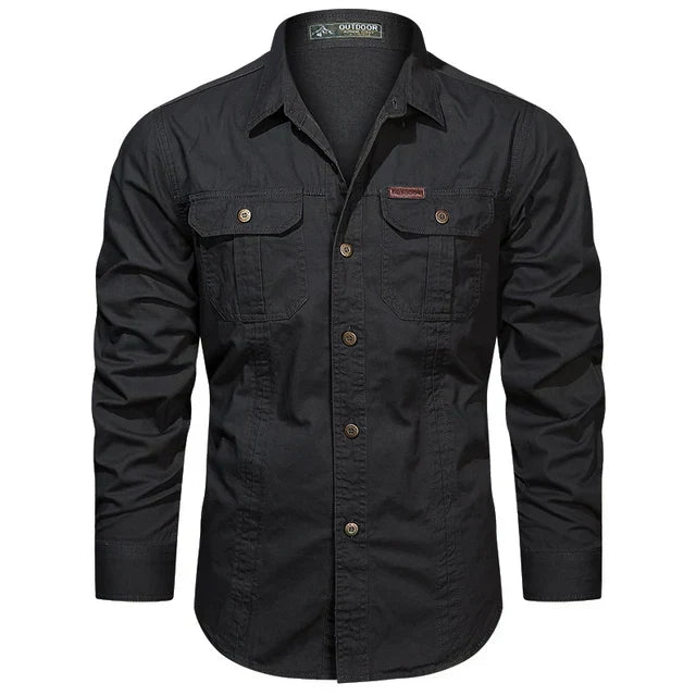 Men's button-up long sleeve cargo shirt, versatile for casual wear. Features multiple utility pockets & durable fabric.
