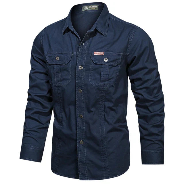 Stylish men's long sleeve cargo shirt, rugged yet versatile. Features prominent multi-pockets & a classic button-up design.