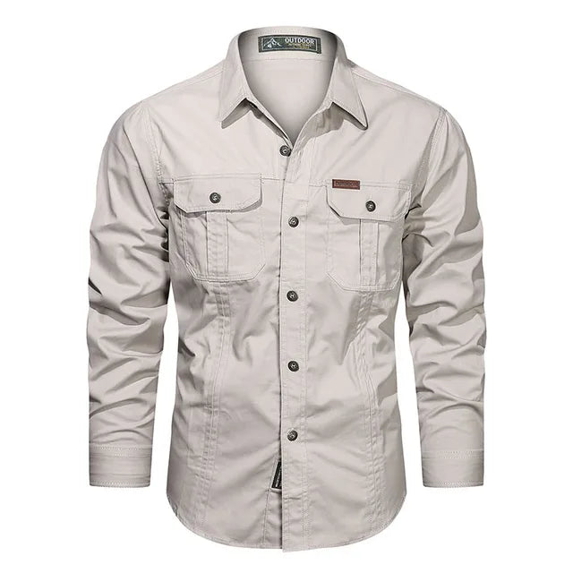 Multi-pocket men's utility shirt. Long sleeve cargo design, perfect blend of ruggedness and versatile casual fashion.