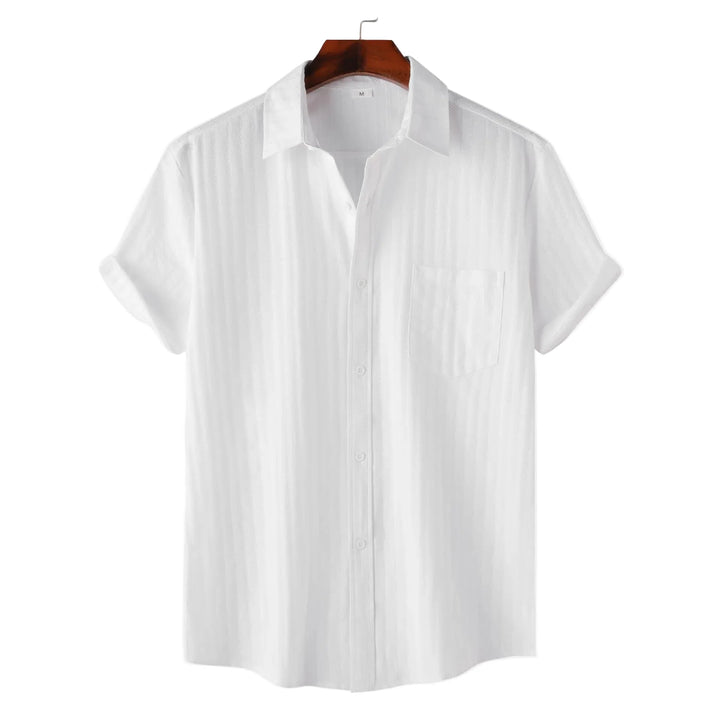 Black men's casual short sleeve button-down shirt. Versatile for everyday style.