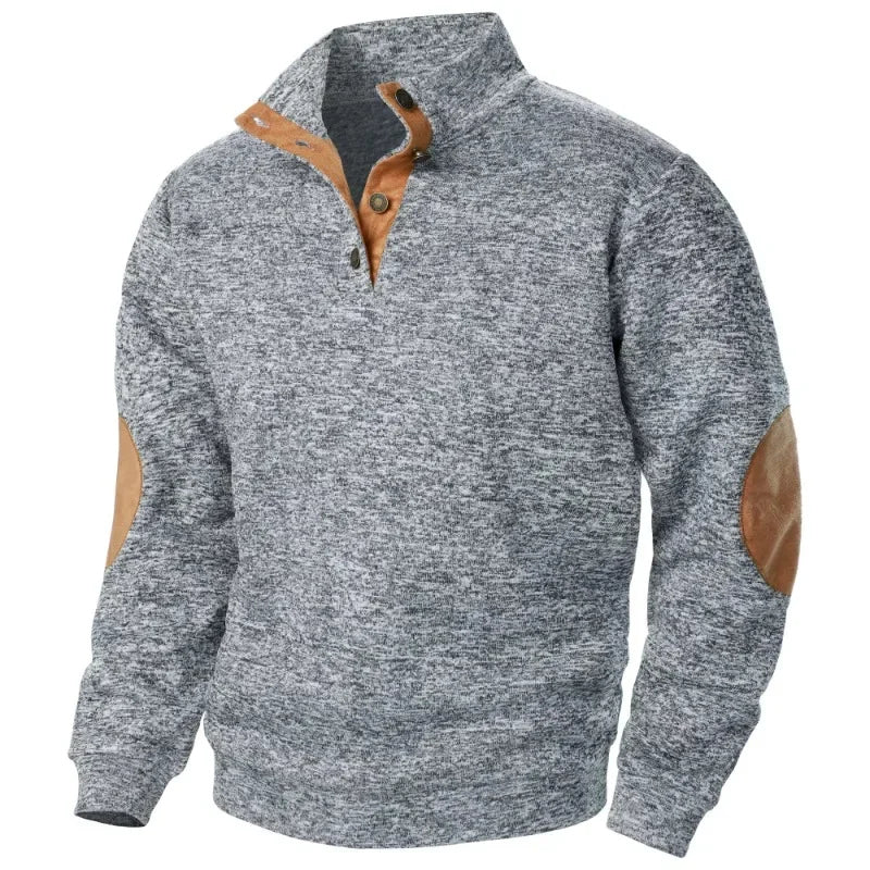 Close-up of men's soft knit V-neck sweatshirt fabric, highlighting comfortable texture & quality.