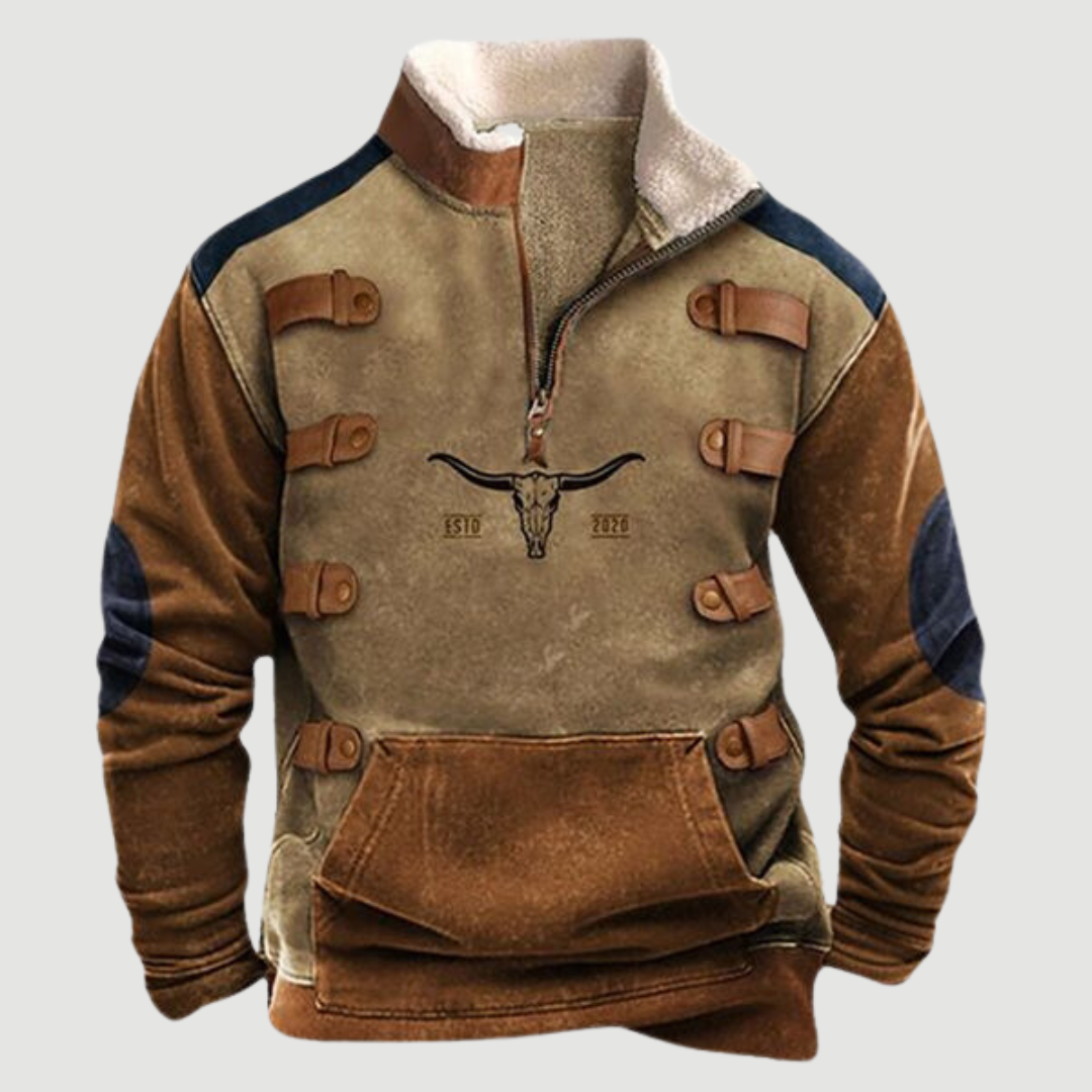 Stylish men's vintage long-sleeve jumper, zip-up fleece for casual winter fashion.